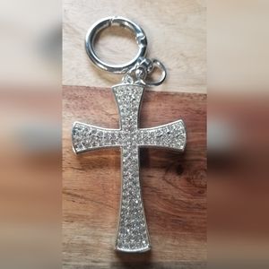 Silver Tone Rhinestone Encrusted Cross Keychain